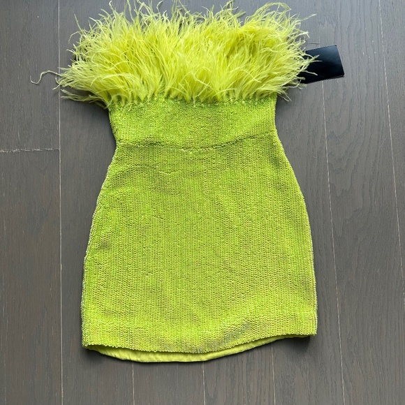 Retrofete TORIN Sequin Mini Dress Neon Yellow Feather Strapless XS - with tags - Picture 2 of 11